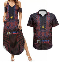 Filipino Barong Tagalog Inspired Personalised Couples Matching Summer Maxi Dress and Hawaiian Shirt Mabuhay Philippines Festival Polynesian Pattern LT14 Black - Polynesian Pride