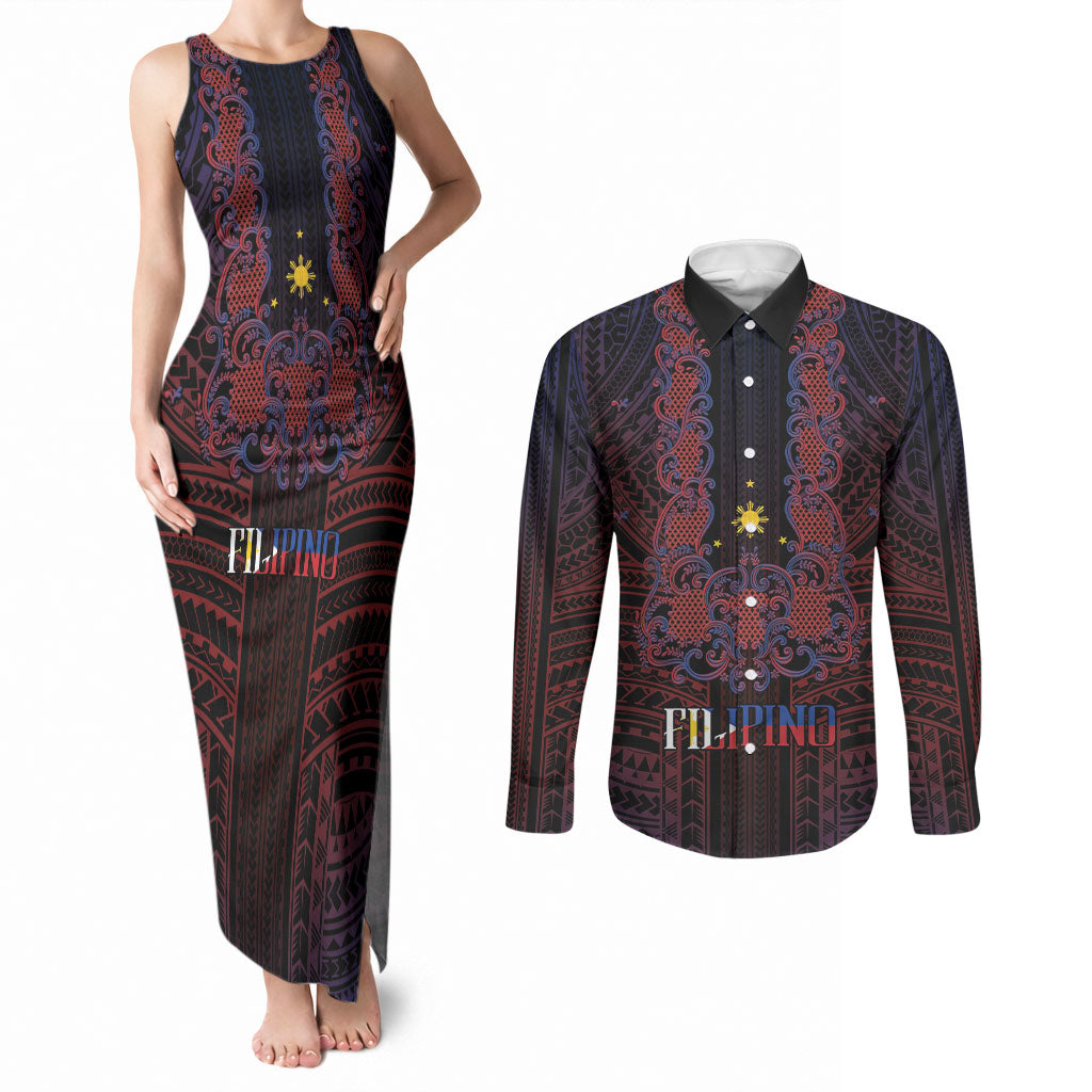 Filipino Barong Tagalog Inspired Personalised Couples Matching Tank Maxi Dress and Long Sleeve Button Shirt Mabuhay Philippines Festival Polynesian Pattern LT14 Black - Polynesian Pride