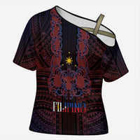 Filipino Barong Tagalog Inspired Personalised Cross Shoulder Shirt Mabuhay Philippines Festival Polynesian Pattern LT14 Female Black - Polynesian Pride