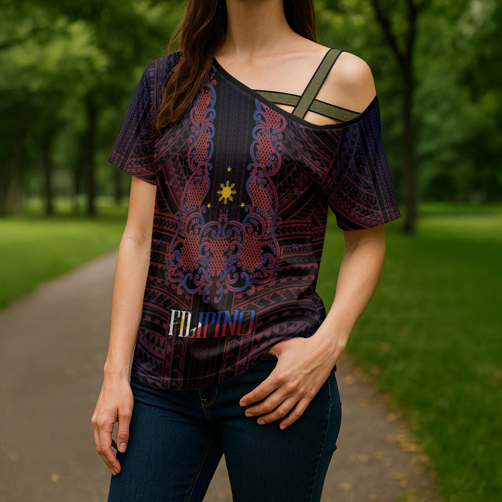 Filipino Barong Tagalog Inspired Personalised Cross Shoulder Shirt Mabuhay Philippines Festival Polynesian Pattern LT14 - Polynesian Pride