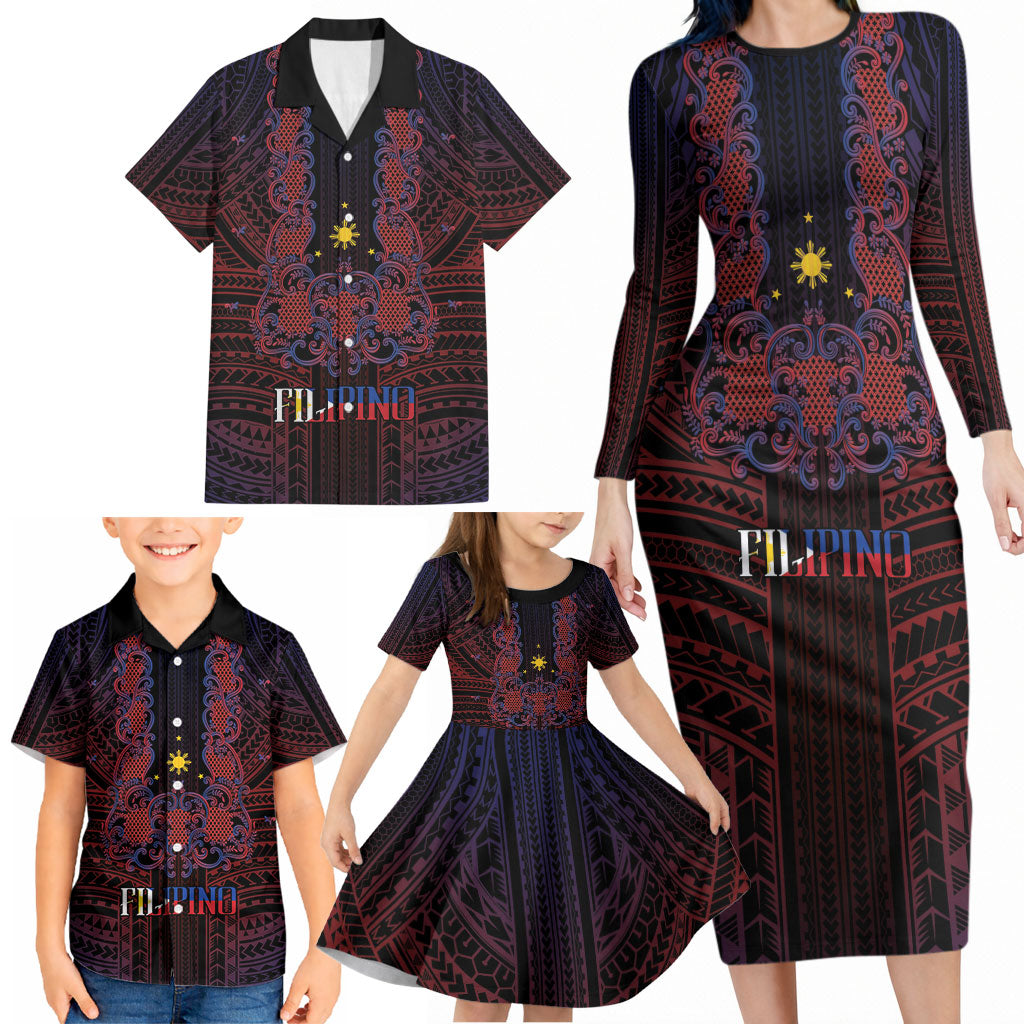 Filipino Barong Tagalog Inspired Personalised Family Matching Long Sleeve Bodycon Dress and Hawaiian Shirt Mabuhay Philippines Festival Polynesian Pattern