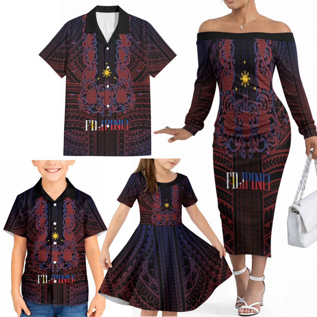 Filipino Barong Tagalog Inspired Personalised Family Matching Off The Shoulder Long Sleeve Dress and Hawaiian Shirt Mabuhay Philippines Festival Polynesian Pattern LT14 - Polynesian Pride