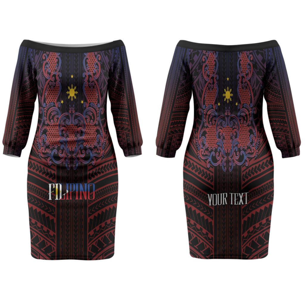 Filipino Barong Tagalog Inspired Personalised Family Matching Off The Shoulder Long Sleeve Dress and Hawaiian Shirt Mabuhay Philippines Festival Polynesian Pattern LT14 Mom's Dress Black - Polynesian Pride