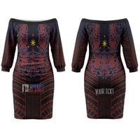 Filipino Barong Tagalog Inspired Personalised Family Matching Off The Shoulder Long Sleeve Dress and Hawaiian Shirt Mabuhay Philippines Festival Polynesian Pattern LT14 Mom's Dress Black - Polynesian Pride