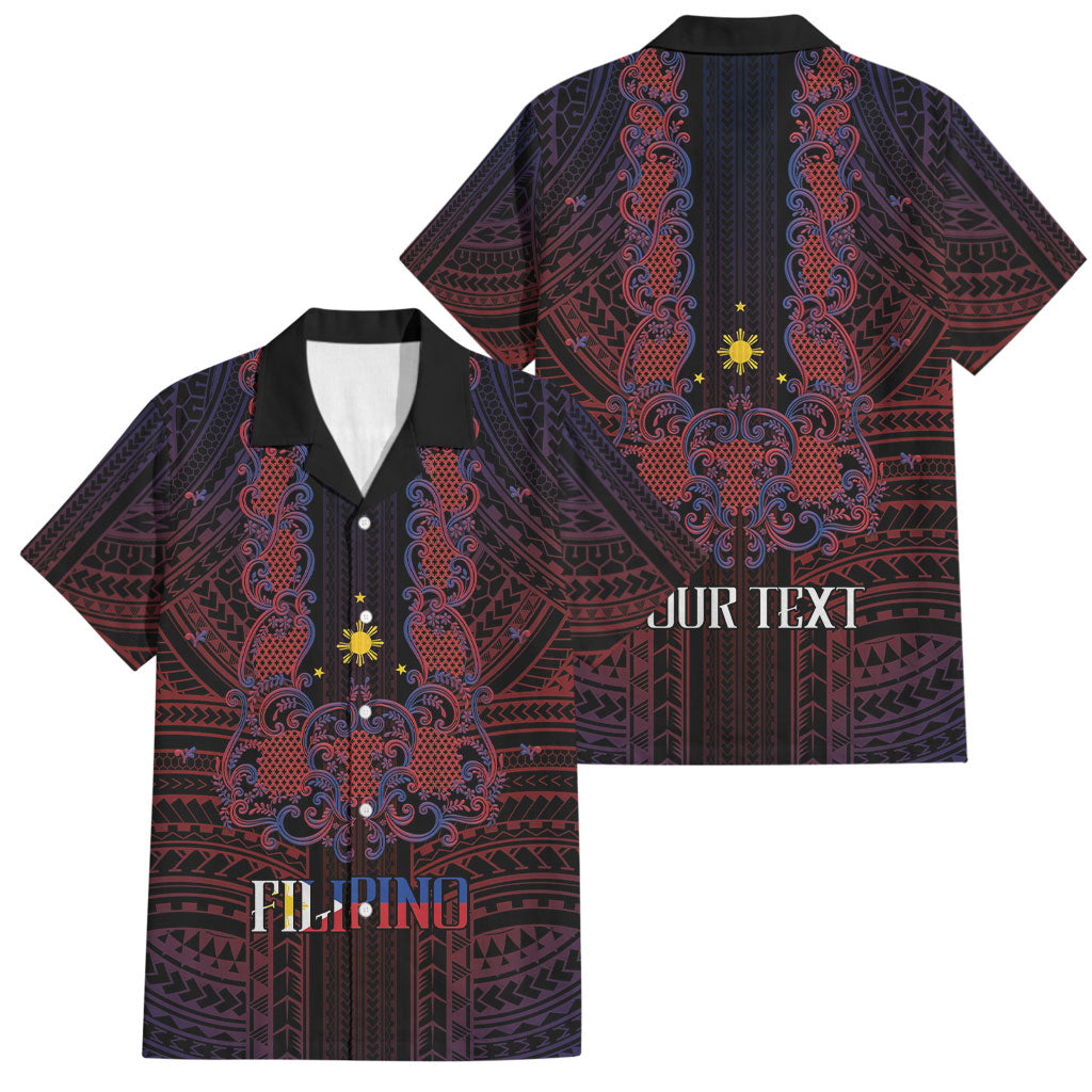 Filipino Barong Tagalog Inspired Personalised Family Matching Off The Shoulder Long Sleeve Dress and Hawaiian Shirt Mabuhay Philippines Festival Polynesian Pattern LT14 Dad's Shirt - Short Sleeve Black - Polynesian Pride