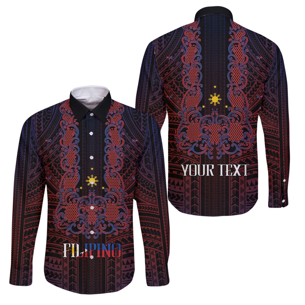 Filipino Barong Tagalog Inspired Personalised Family Matching Off The Shoulder Long Sleeve Dress and Hawaiian Shirt Mabuhay Philippines Festival Polynesian Pattern LT14 Dad's Shirt - Long Sleeve Black - Polynesian Pride