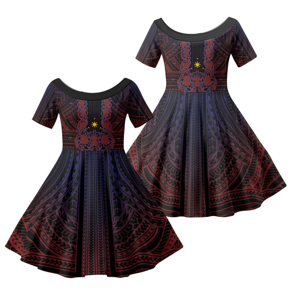 Filipino Barong Tagalog Inspired Personalised Family Matching Off The Shoulder Long Sleeve Dress and Hawaiian Shirt Mabuhay Philippines Festival Polynesian Pattern LT14 Daughter's Dress Black - Polynesian Pride