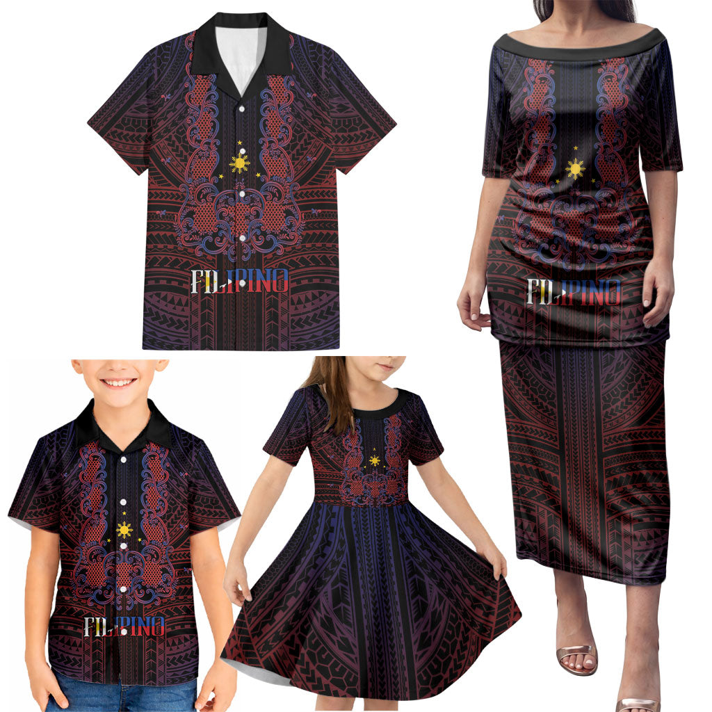 Filipino Barong Tagalog Inspired Personalised Family Matching Puletasi and Hawaiian Shirt Mabuhay Philippines Festival Polynesian Pattern