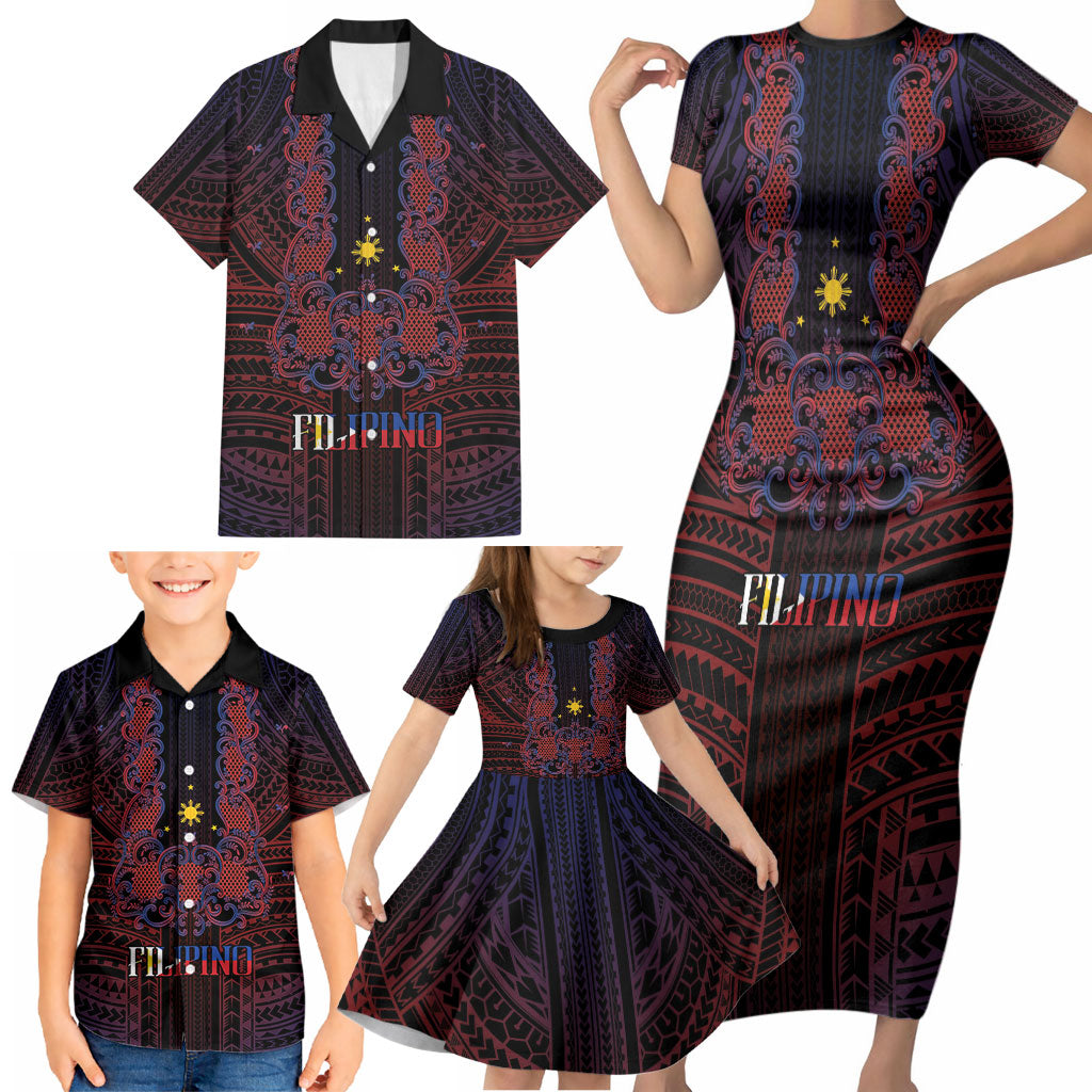 Filipino Barong Tagalog Inspired Personalised Family Matching Short Sleeve Bodycon Dress and Hawaiian Shirt Mabuhay Philippines Festival Polynesian Pattern