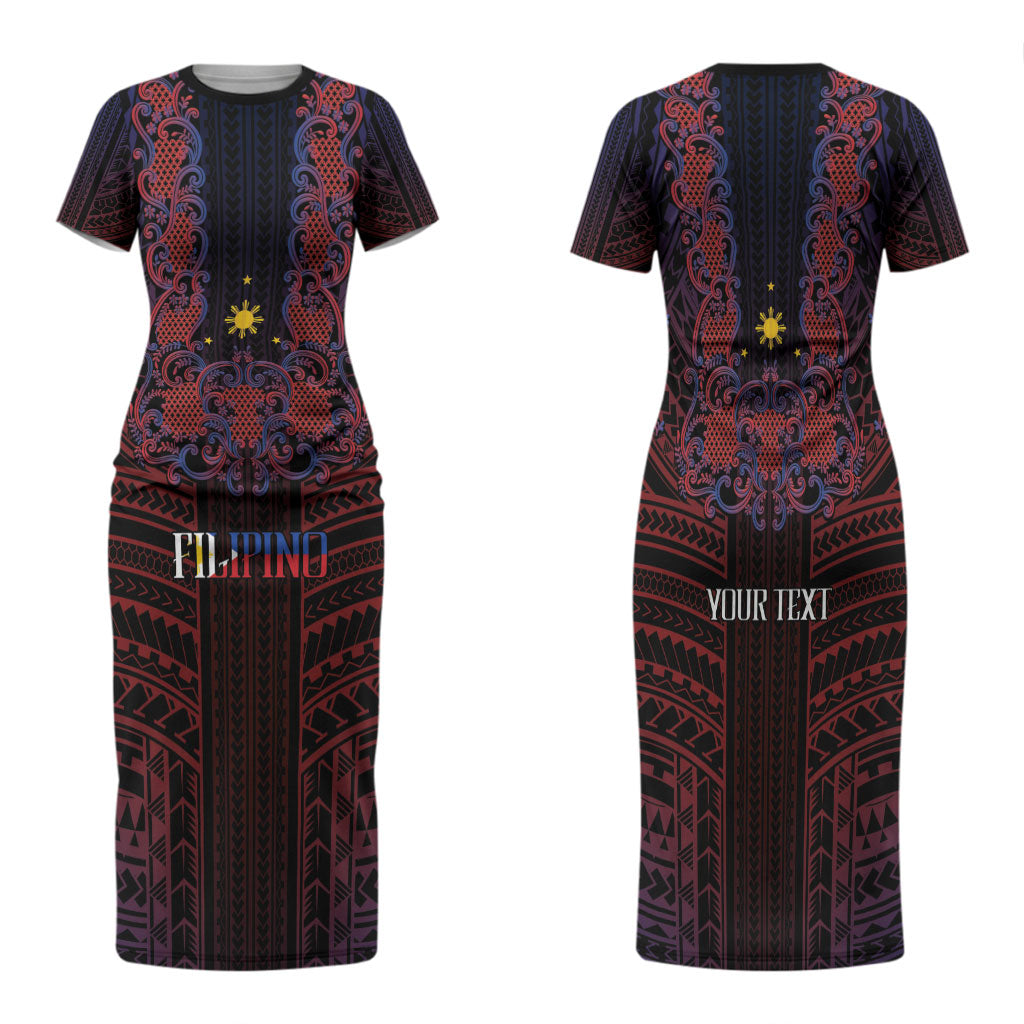 Filipino Barong Tagalog Inspired Personalised Family Matching Short Sleeve Bodycon Dress and Hawaiian Shirt Mabuhay Philippines Festival Polynesian Pattern LT14 Mom's Dress Black - Polynesian Pride