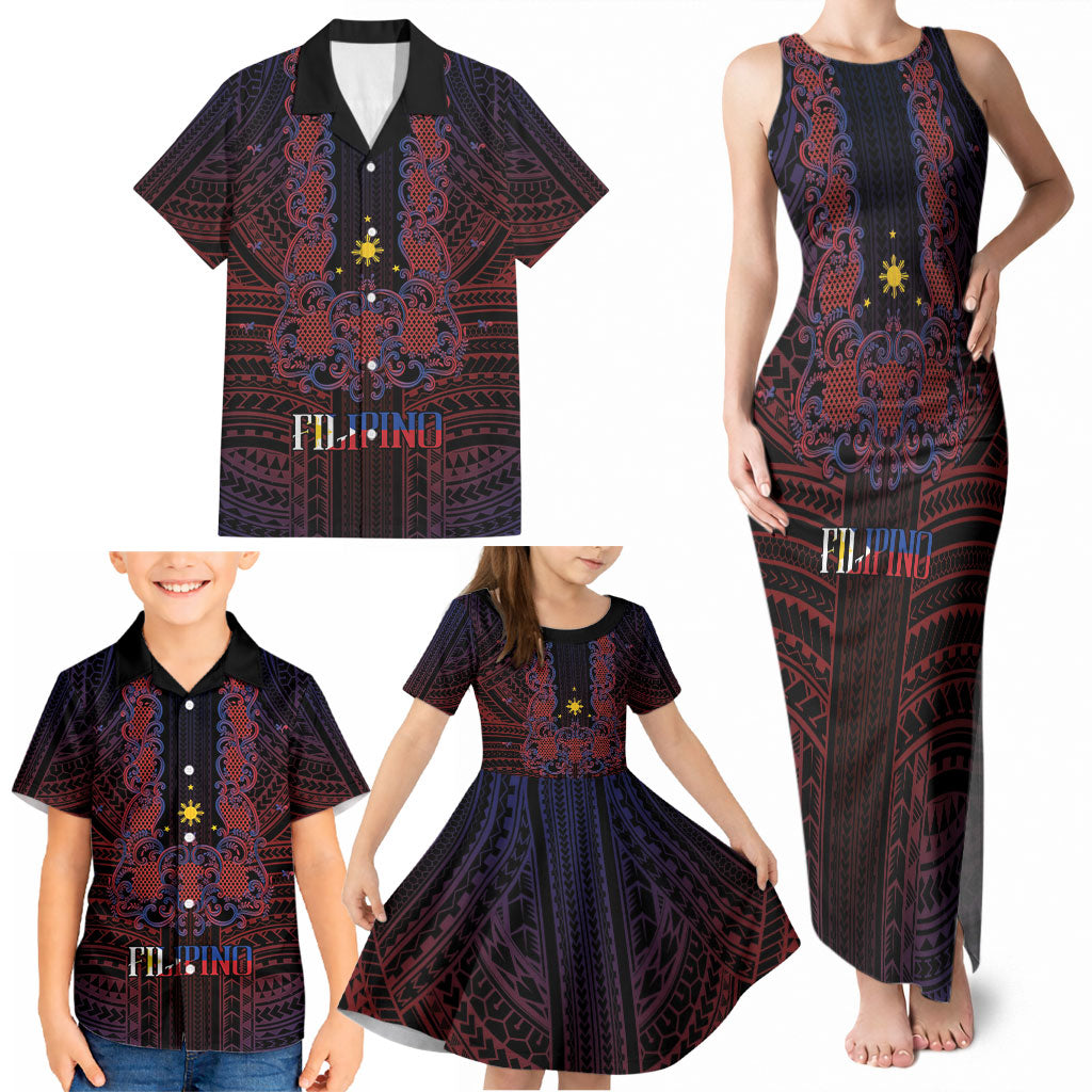 Filipino Barong Tagalog Inspired Personalised Family Matching Tank Maxi Dress and Hawaiian Shirt Mabuhay Philippines Festival Polynesian Pattern