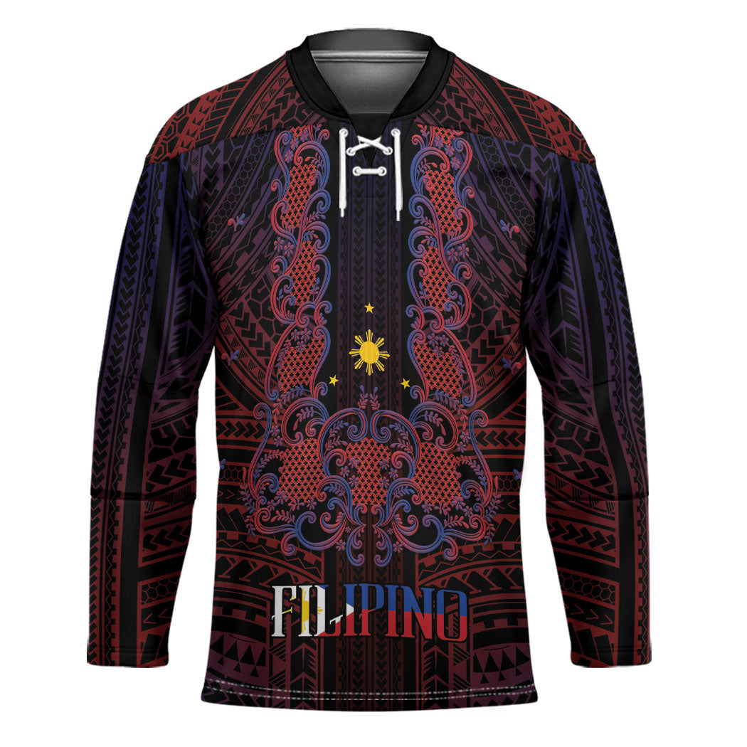 Filipino Barong Tagalog Inspired Personalised Hockey Jersey Mabuhay Philippines Festival Polynesian Pattern LT14 Unisex Black - Polynesian Pride