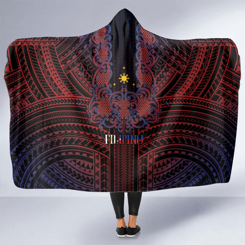 Filipino Barong Tagalog Inspired Hooded Blanket Mabuhay Philippines Festival Polynesian Pattern LT14 One Size Black - Polynesian Pride