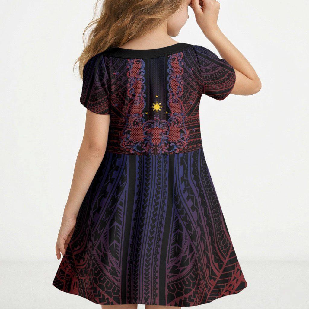 Filipino Barong Tagalog Inspired Personalised Kid Short Sleeve Dress Mabuhay Philippines Festival Polynesian Pattern LT14 - Polynesian Pride