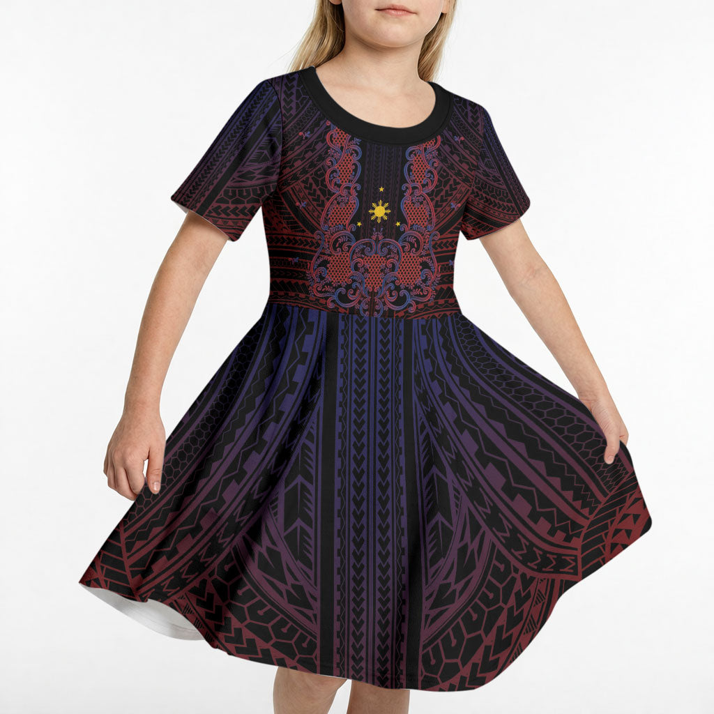Filipino Barong Tagalog Inspired Personalised Kid Short Sleeve Dress Mabuhay Philippines Festival Polynesian Pattern LT14 - Polynesian Pride