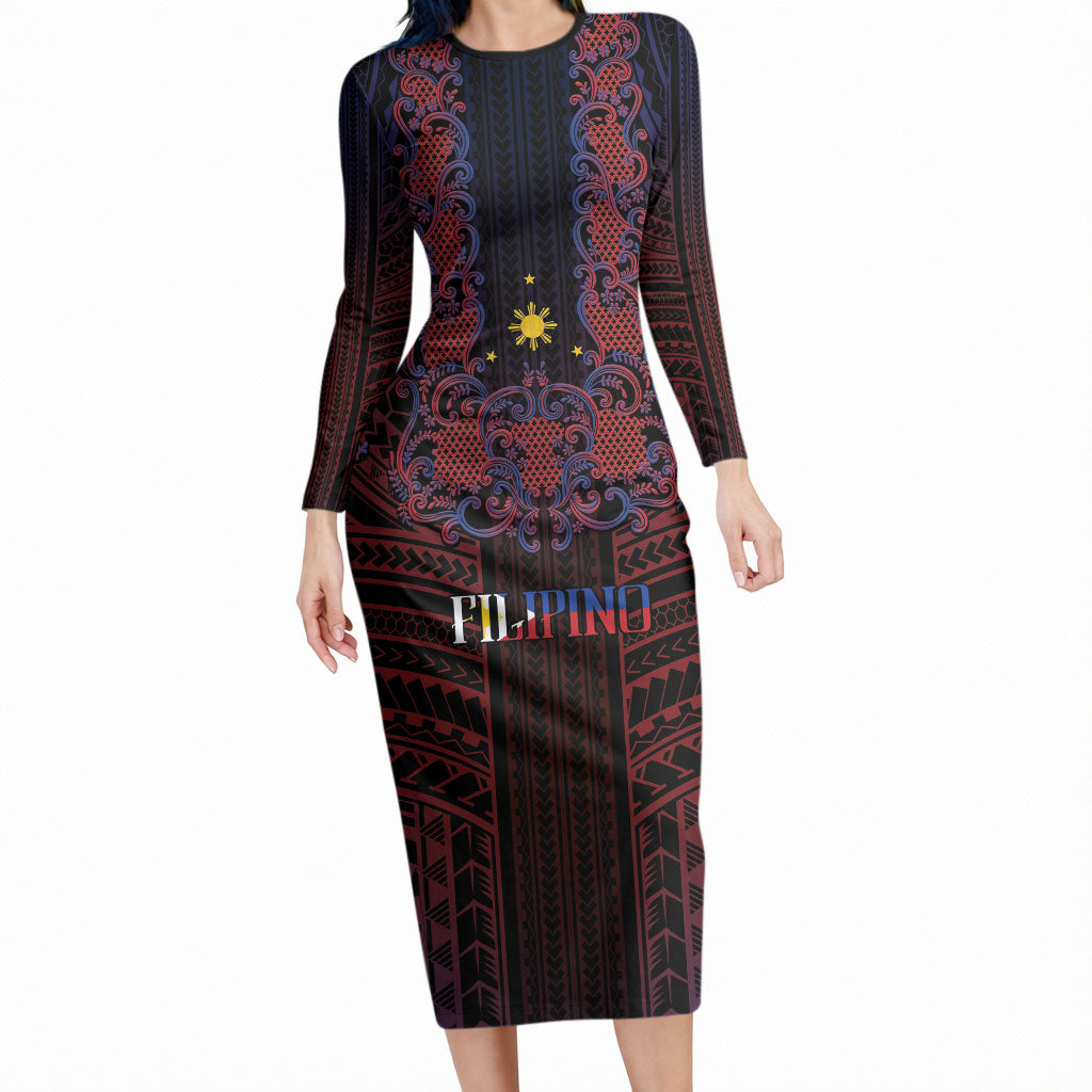 Filipino Barong Tagalog Inspired Personalised Long Sleeve Bodycon Dress Mabuhay Philippines Festival Polynesian Pattern
