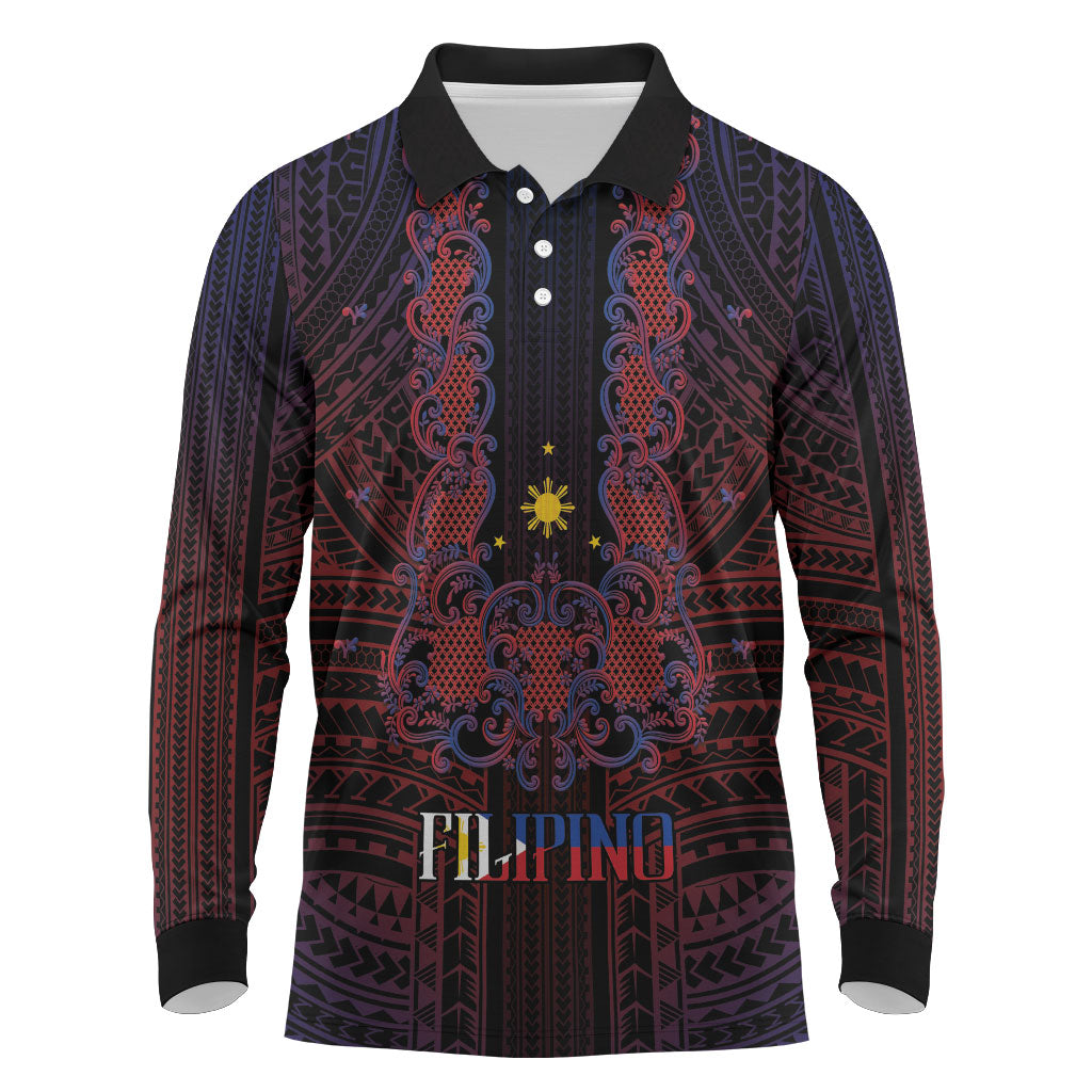 Filipino Barong Tagalog Inspired Personalised Long Sleeve Polo Shirt Mabuhay Philippines Festival Polynesian Pattern LT14 Black - Polynesian Pride