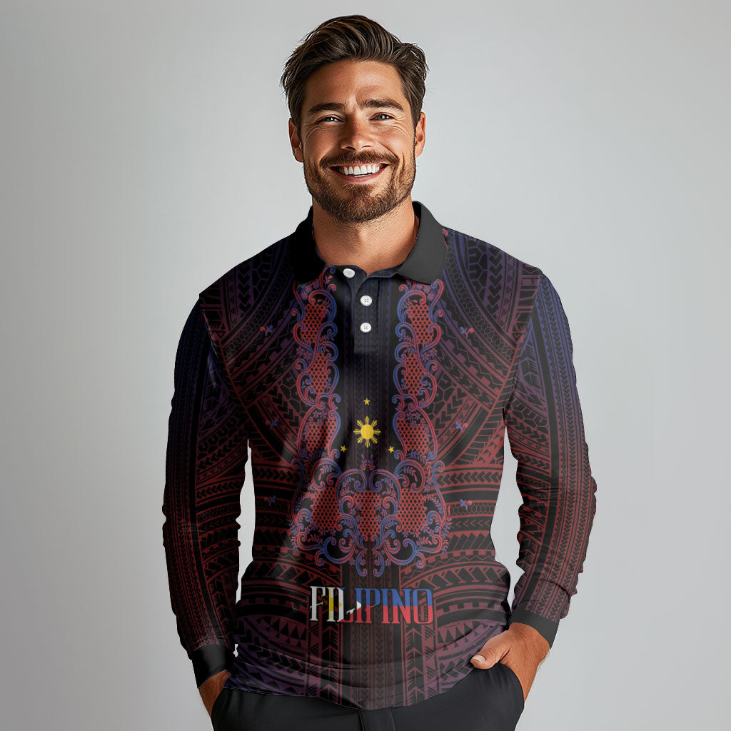 Filipino Barong Tagalog Inspired Personalised Long Sleeve Polo Shirt Mabuhay Philippines Festival Polynesian Pattern LT14 - Polynesian Pride