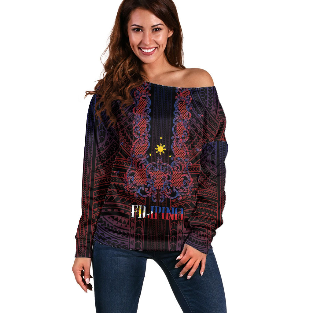 Filipino Barong Tagalog Inspired Personalised Off Shoulder Sweater Mabuhay Philippines Festival Polynesian Pattern LT14 Women Black - Polynesian Pride