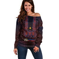 Filipino Barong Tagalog Inspired Personalised Off Shoulder Sweater Mabuhay Philippines Festival Polynesian Pattern LT14 Women Black - Polynesian Pride