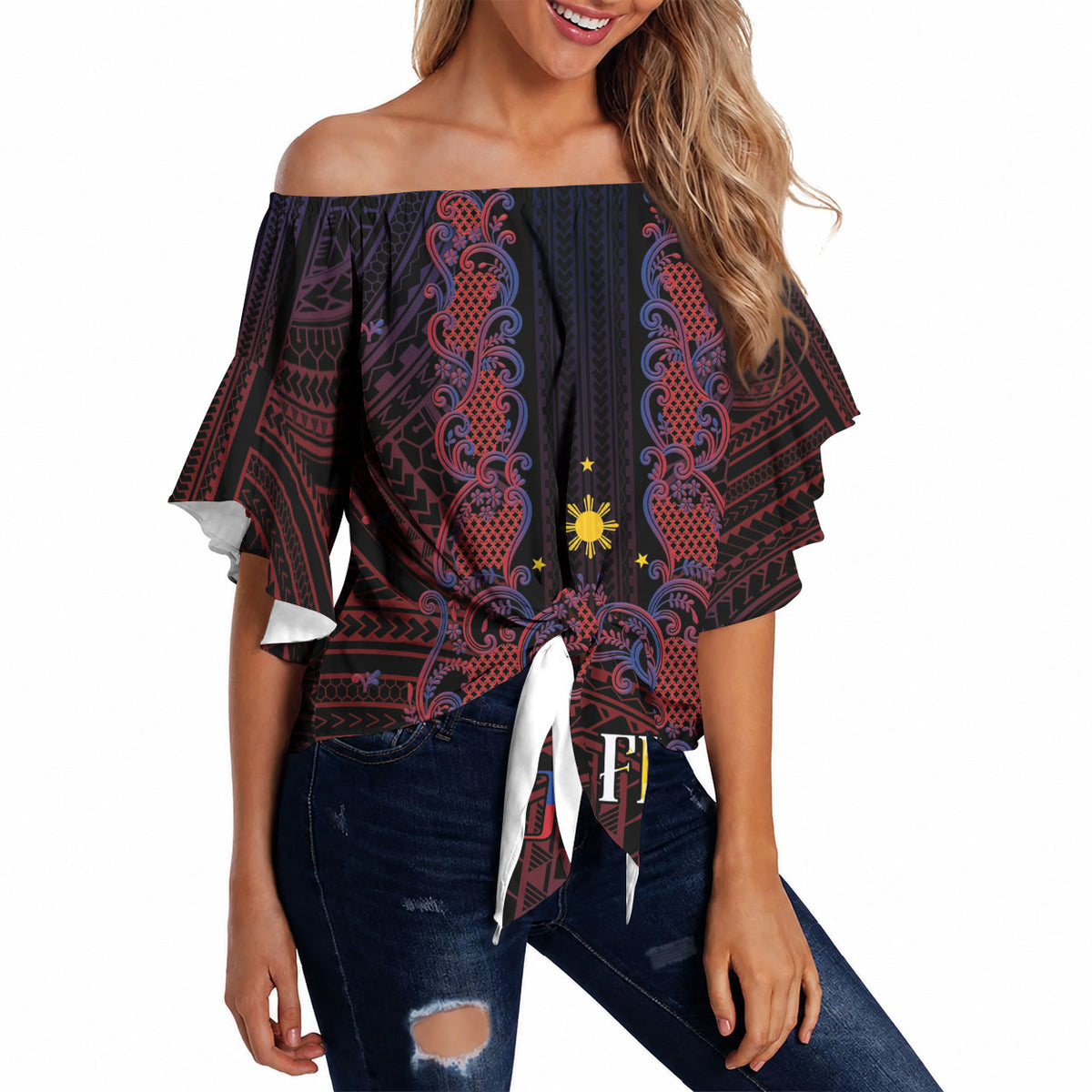 Filipino Barong Tagalog Inspired Personalised Off Shoulder Wrap Waist Top Mabuhay Philippines Festival Polynesian Pattern LT14 Black - Polynesian Pride