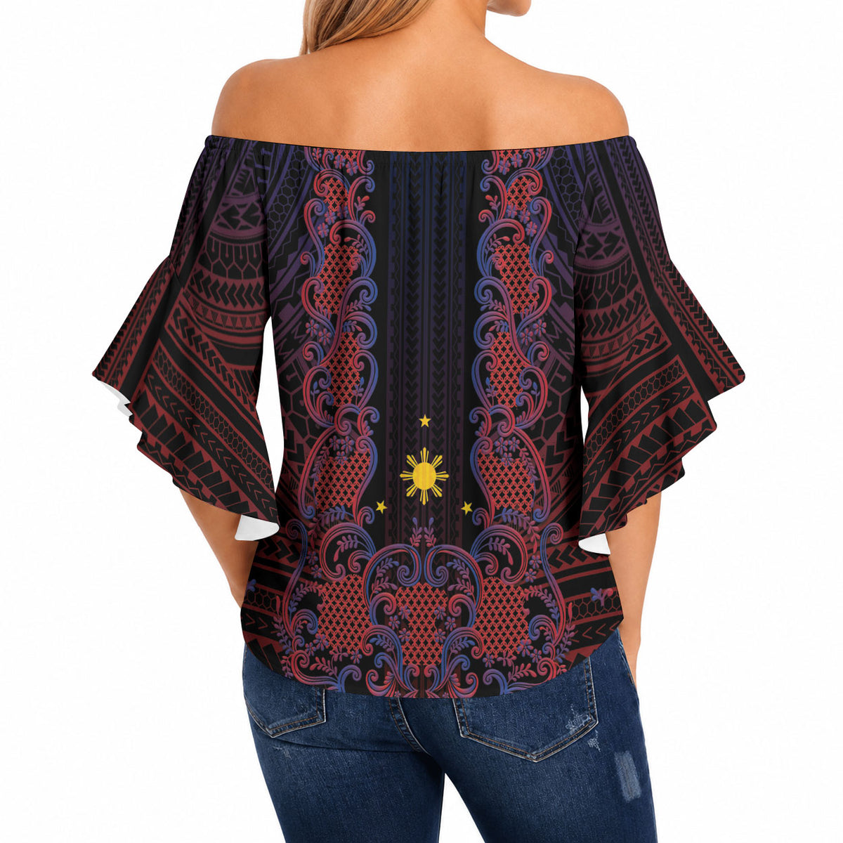 Filipino Barong Tagalog Inspired Personalised Off Shoulder Wrap Waist Top Mabuhay Philippines Festival Polynesian Pattern LT14 - Polynesian Pride