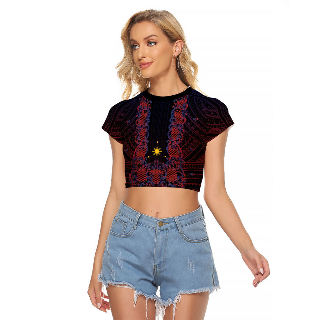 Filipino Barong Tagalog Inspired Personalised Raglan Cropped T Shirt Mabuhay Philippines Festival Polynesian Pattern LT14 Female Black - Polynesian Pride