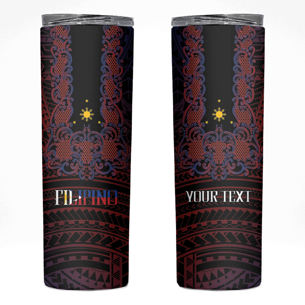 Filipino Barong Tagalog Inspired Personalised Skinny Tumbler Mabuhay Philippines Festival Polynesian Pattern LT14 Black - Polynesian Pride