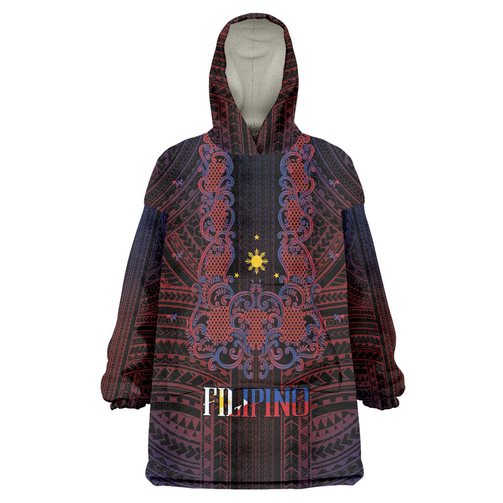 Filipino Barong Tagalog Inspired Personalised Wearable Blanket Hoodie Mabuhay Philippines Festival Polynesian Pattern LT14 One Size Black - Polynesian Pride
