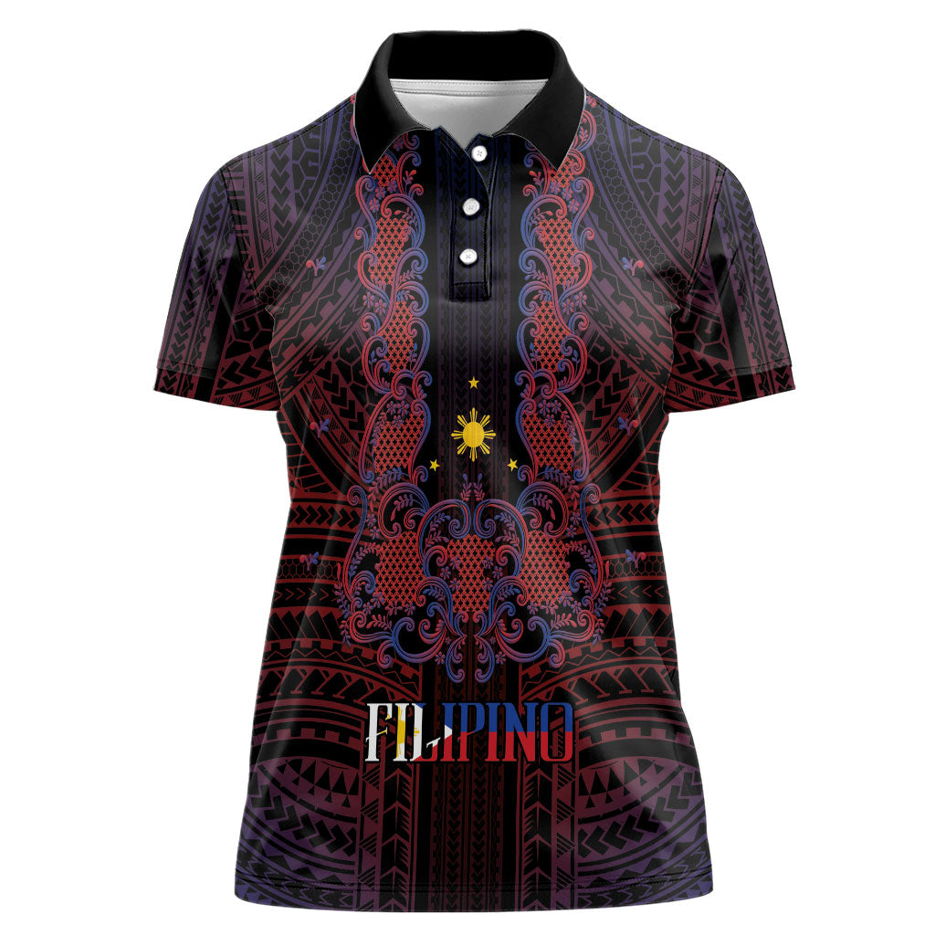Filipino Barong Tagalog Inspired Personalised Women Polo Shirt Mabuhay Philippines Festival Polynesian Pattern LT14 Female Black - Polynesian Pride