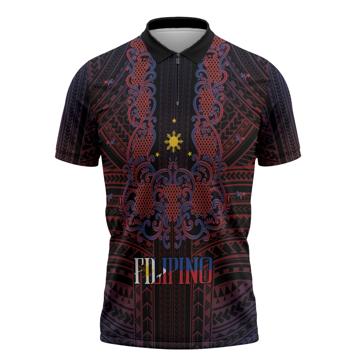 Filipino Barong Tagalog Inspired Personalised Zipper Polo Shirt Mabuhay Philippines Festival Polynesian Pattern LT14 Black - Polynesian Pride