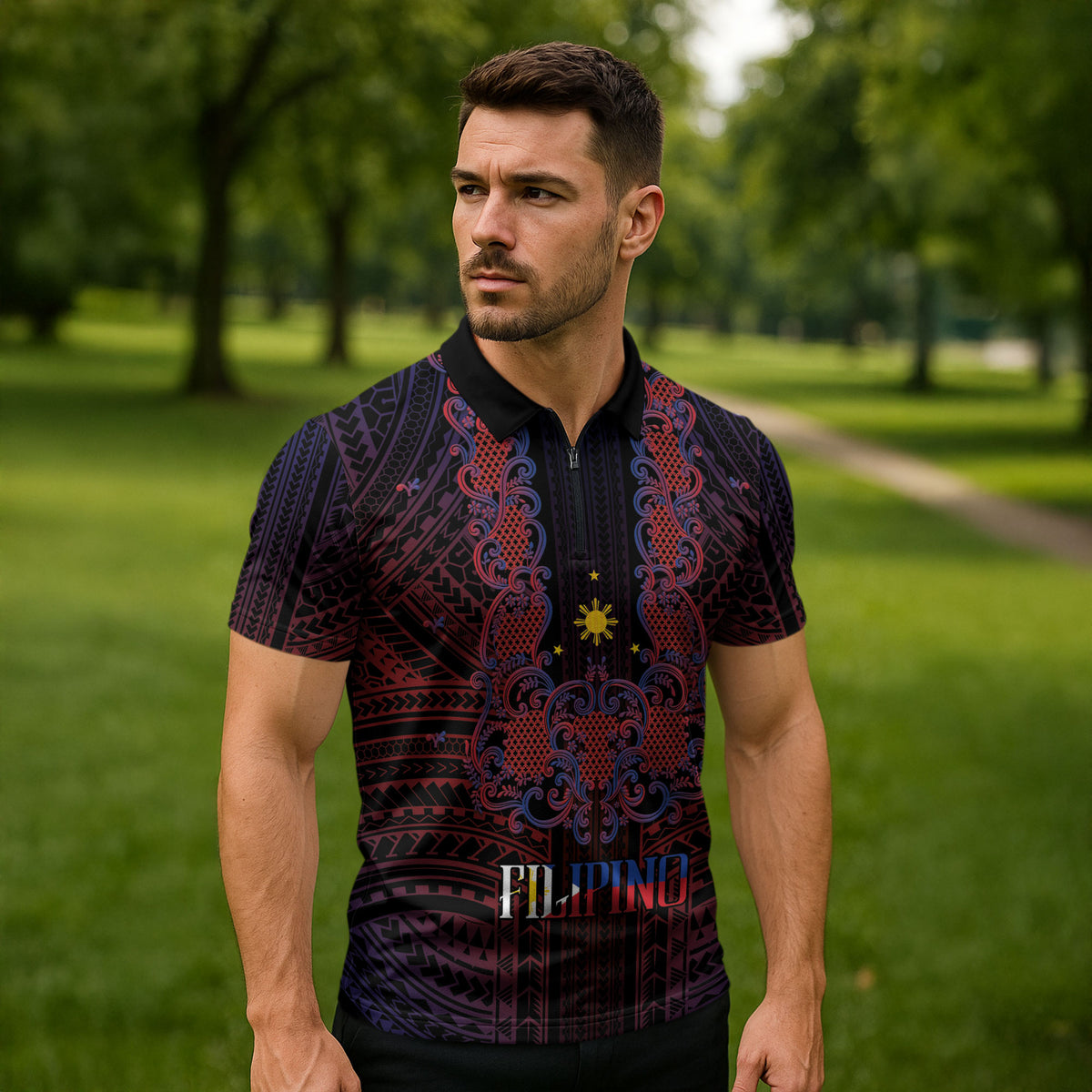 Filipino Barong Tagalog Inspired Personalised Zipper Polo Shirt Mabuhay Philippines Festival Polynesian Pattern LT14 - Polynesian Pride