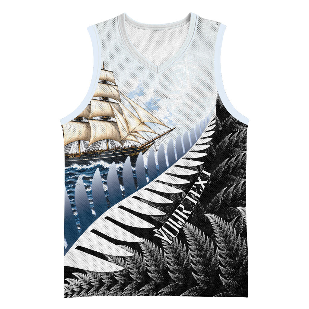 Personalised New Zealand Pakeha Basketball Jersey Kiwi Silver Fern and Sailing Ship Compass LT14 Unisex Blue - Polynesian Pride