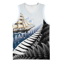 Personalised New Zealand Pakeha Basketball Jersey Kiwi Silver Fern and Sailing Ship Compass LT14 Unisex Blue - Polynesian Pride