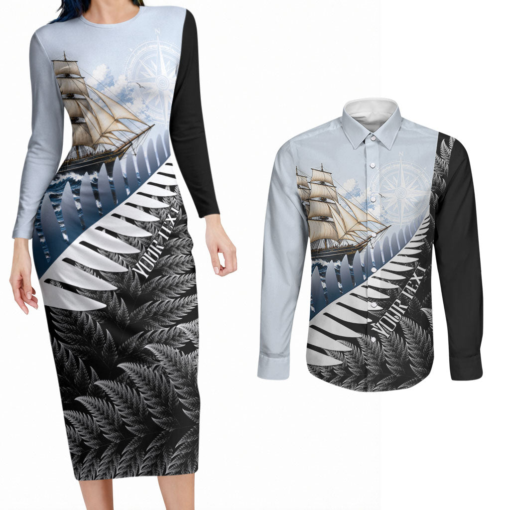 Personalised New Zealand Pakeha Couples Matching Long Sleeve Bodycon Dress and Long Sleeve Button Shirt Kiwi Silver Fern and Sailing Ship Compass LT14 Blue - Polynesian Pride