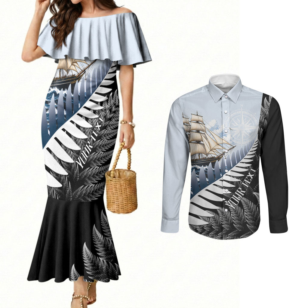 Personalised New Zealand Pakeha Couples Matching Mermaid Dress and Long Sleeve Button Shirt Kiwi Silver Fern and Sailing Ship Compass LT14 Blue - Polynesian Pride