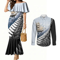 Personalised New Zealand Pakeha Couples Matching Mermaid Dress and Long Sleeve Button Shirt Kiwi Silver Fern and Sailing Ship Compass LT14 Blue - Polynesian Pride