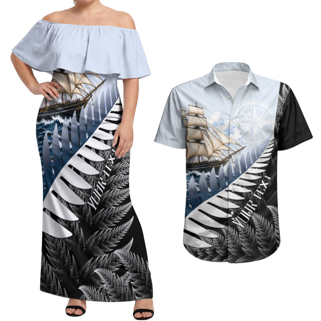 Personalised New Zealand Pakeha Couples Matching Off Shoulder Maxi Dress and Hawaiian Shirt Kiwi Silver Fern and Sailing Ship Compass LT14 Blue - Polynesian Pride