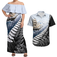 Personalised New Zealand Pakeha Couples Matching Off Shoulder Maxi Dress and Hawaiian Shirt Kiwi Silver Fern and Sailing Ship Compass LT14 Blue - Polynesian Pride