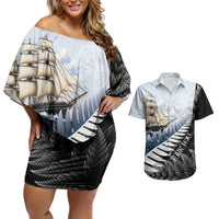 Personalised New Zealand Pakeha Couples Matching Off Shoulder Short Dress and Hawaiian Shirt Kiwi Silver Fern and Sailing Ship Compass LT14 Blue - Polynesian Pride