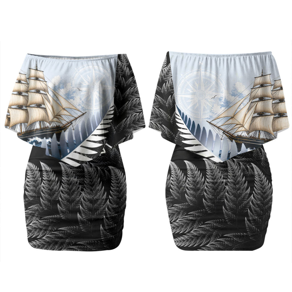 Personalised New Zealand Pakeha Couples Matching Off Shoulder Short Dress and Hawaiian Shirt Kiwi Silver Fern and Sailing Ship Compass LT14 - Polynesian Pride