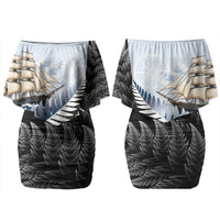 Personalised New Zealand Pakeha Couples Matching Off Shoulder Short Dress and Hawaiian Shirt Kiwi Silver Fern and Sailing Ship Compass LT14 - Polynesian Pride