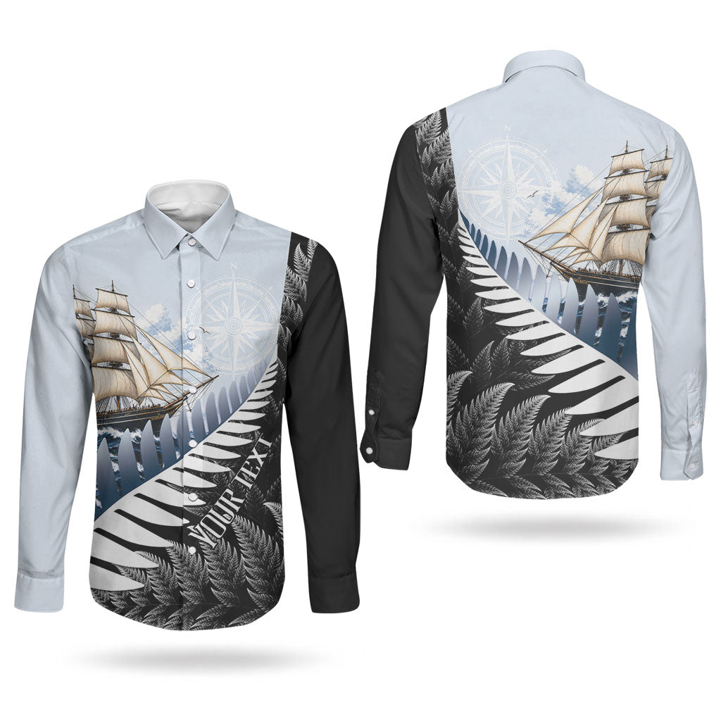 Personalised New Zealand Pakeha Couples Matching Off Shoulder Short Dress and Long Sleeve Button Shirt Kiwi Silver Fern and Sailing Ship Compass LT14 - Polynesian Pride