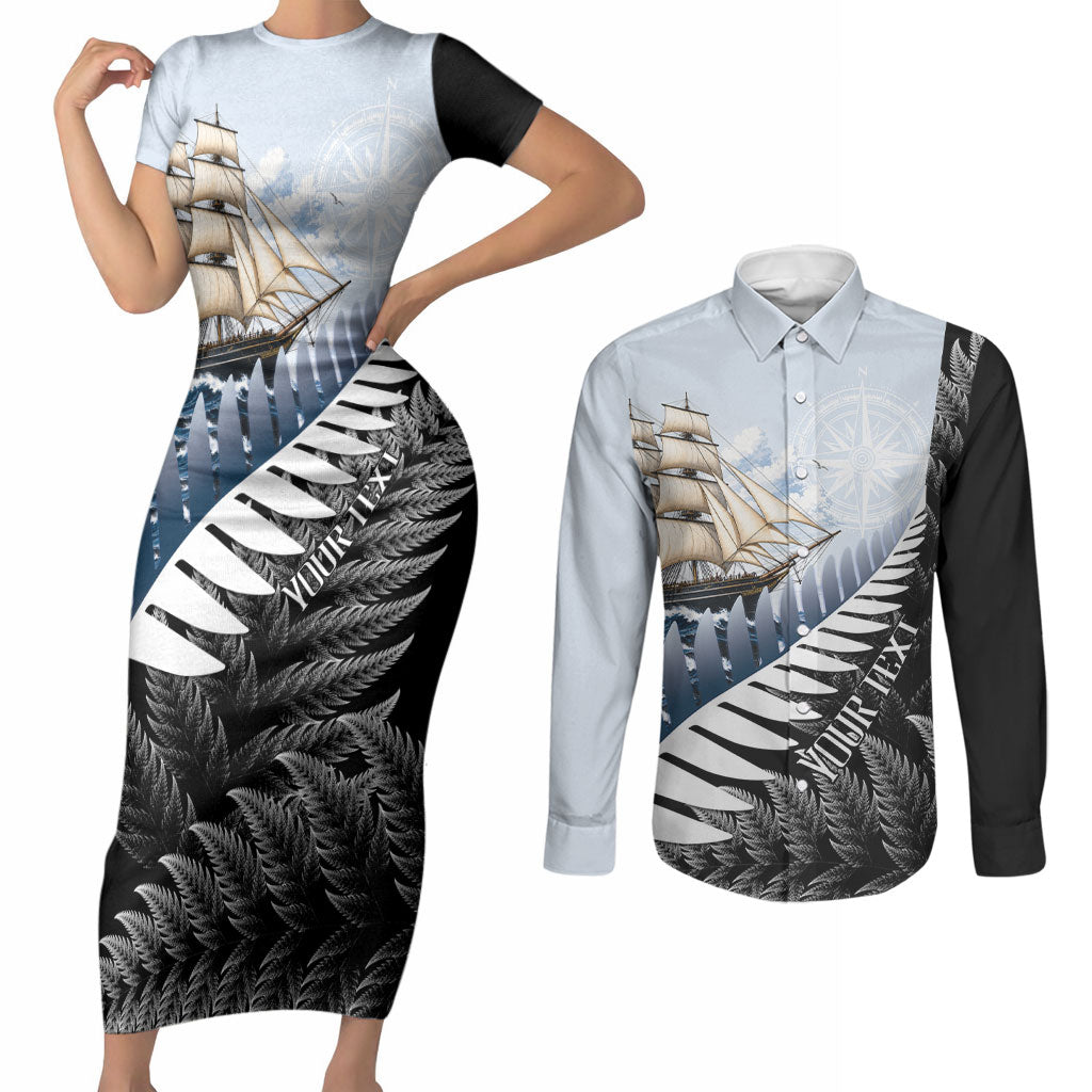 Personalised New Zealand Pakeha Couples Matching Short Sleeve Bodycon Dress and Long Sleeve Button Shirt Kiwi Silver Fern and Sailing Ship Compass LT14 Blue - Polynesian Pride