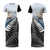 Personalised New Zealand Pakeha Couples Matching Short Sleeve Bodycon Dress and Long Sleeve Button Shirt Kiwi Silver Fern and Sailing Ship Compass LT14 - Polynesian Pride