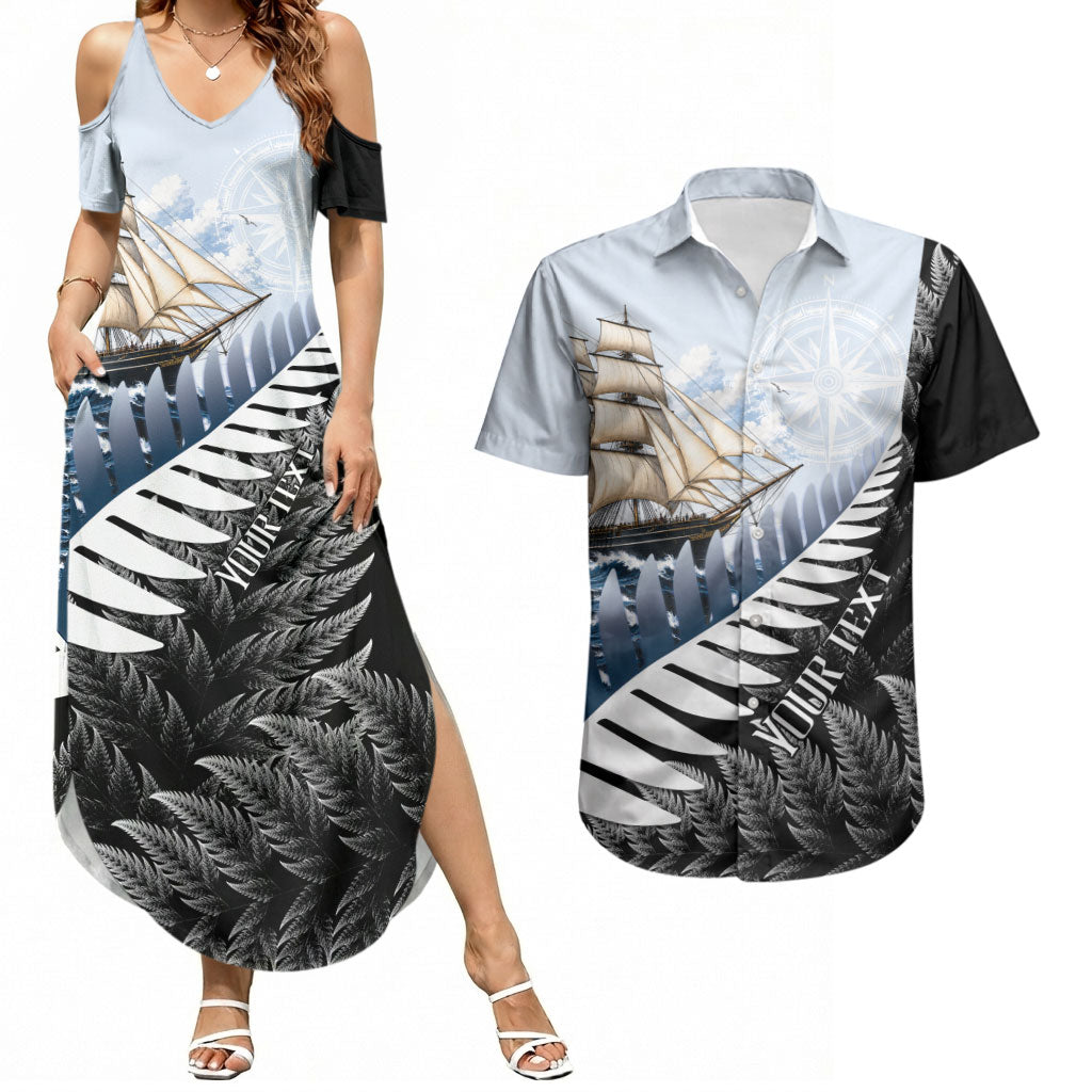 Personalised New Zealand Pakeha Couples Matching Summer Maxi Dress and Hawaiian Shirt Kiwi Silver Fern and Sailing Ship Compass LT14 Blue - Polynesian Pride