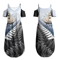 Personalised New Zealand Pakeha Couples Matching Summer Maxi Dress and Long Sleeve Button Shirt Kiwi Silver Fern and Sailing Ship Compass LT14 - Polynesian Pride
