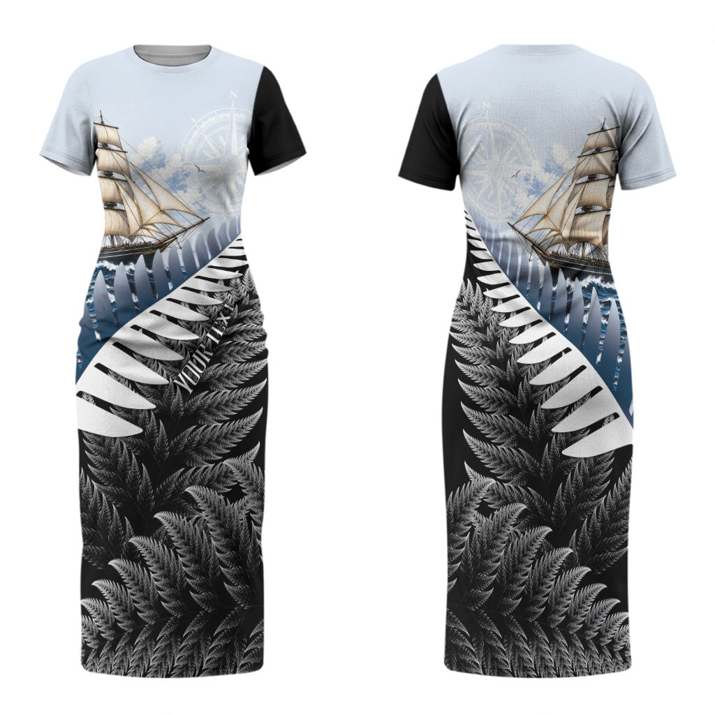 Personalised New Zealand Pakeha Family Matching Short Sleeve Bodycon Dress and Hawaiian Shirt Kiwi Silver Fern and Sailing Ship Compass LT14 Mom's Dress Blue - Polynesian Pride
