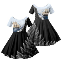 Personalised New Zealand Pakeha Family Matching Short Sleeve Bodycon Dress and Hawaiian Shirt Kiwi Silver Fern and Sailing Ship Compass LT14 Daughter's Dress Blue - Polynesian Pride
