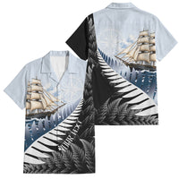 Personalised New Zealand Pakeha Family Matching Tank Maxi Dress and Hawaiian Shirt Kiwi Silver Fern and Sailing Ship Compass LT14 Dad's Shirt - Short Sleeve Blue - Polynesian Pride